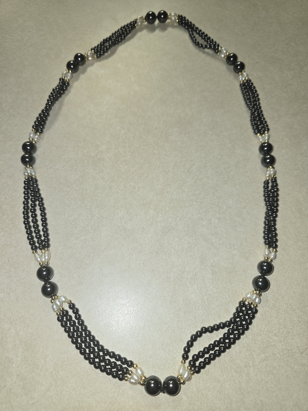 Hematite and Pearl Long Beaded Multi-Strand Necklace - Like New!